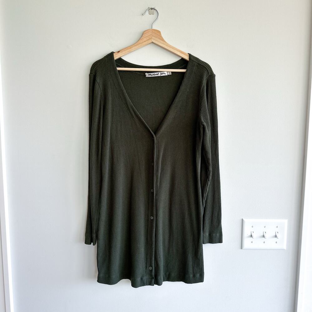 Michael Stars Ribbed Knit Button Front V-Neck Long Sleeve Cardigan Green S